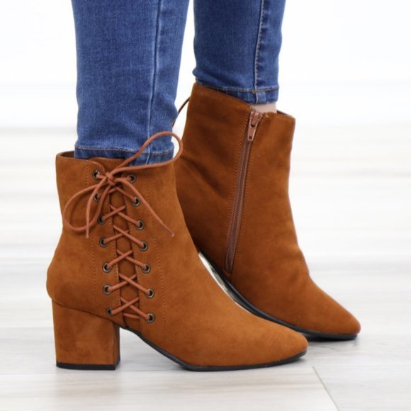 Shoes - Brown Faux Suede Ankle Booties Side Laced Up